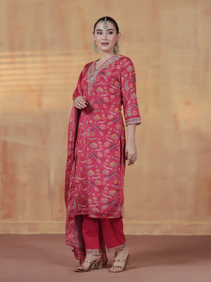 Women Chinon Pink Embroidered Kurta Comfort Pant Dupatta.