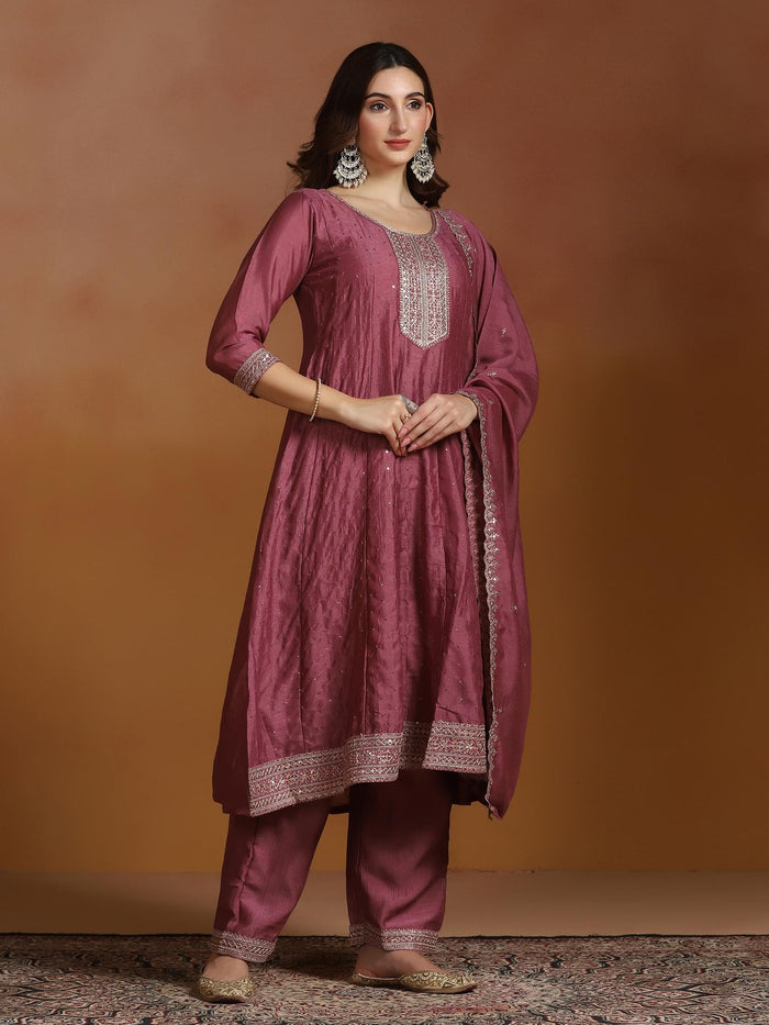 Women Chinon Pink Embroidered Kurta Comfort Pant Dupatta.