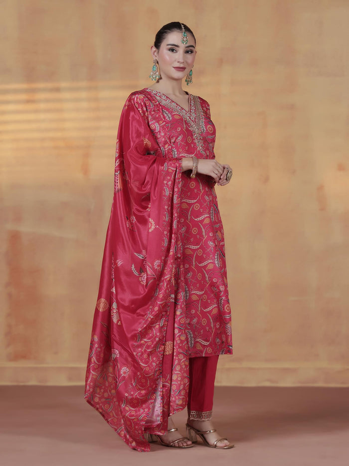 Women Chinon Pink Embroidered Kurta Comfort Pant Dupatta.
