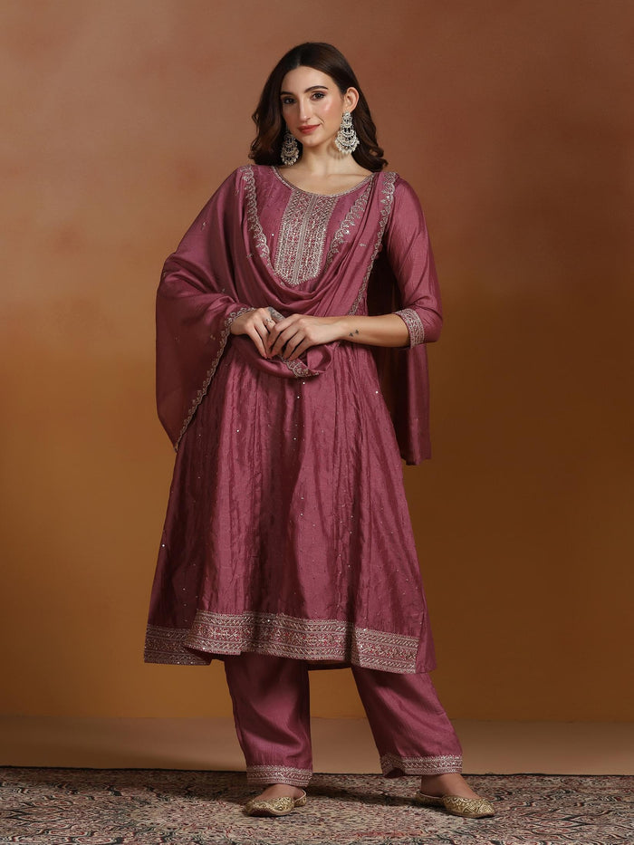 Women Chinon Pink Embroidered Kurta Comfort Pant Dupatta.