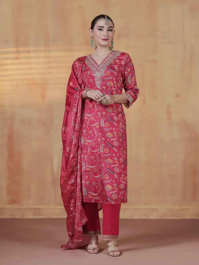 Women Chinon Pink Embroidered Kurta Comfort Pant Dupatta.
