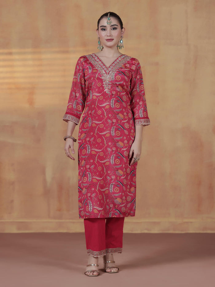 Women Chinon Pink Embroidered Kurta Comfort Pant Dupatta.