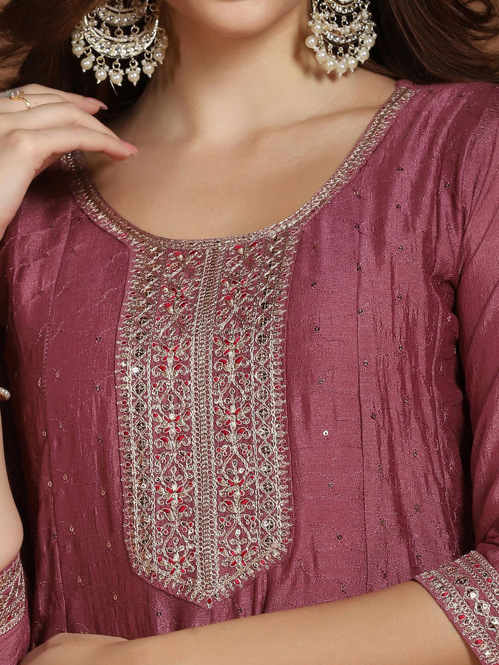 Women Chinon Pink Embroidered Kurta Comfort Pant Dupatta.