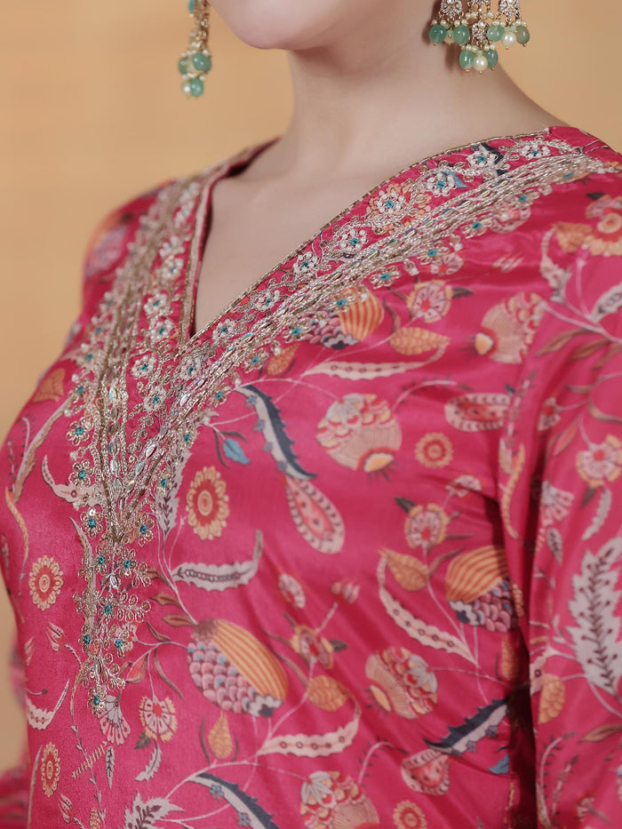 Women Chinon Pink Embroidered Kurta Comfort Pant Dupatta.