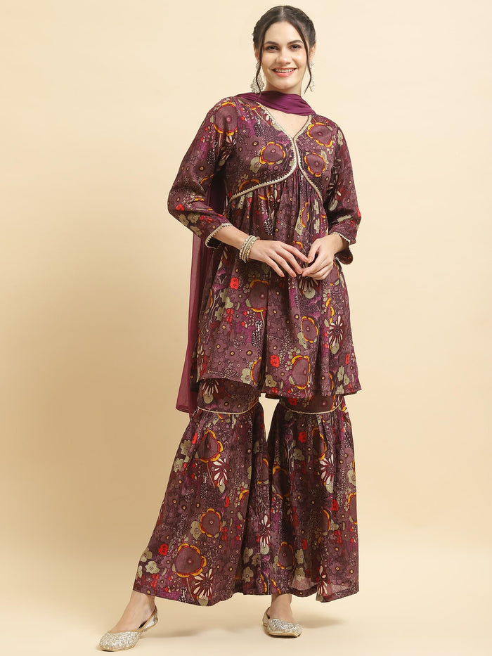Women Chinon Purple Floral Print Kurta Sharara Dupatta.