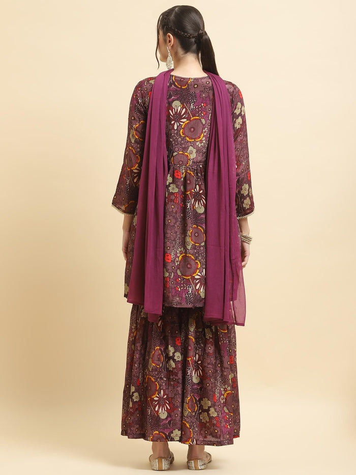 Women Chinon Purple Floral Print Kurta Sharara Dupatta.