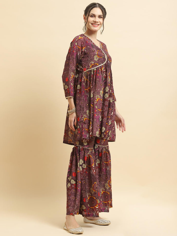 Women Chinon Purple Floral Print Kurta Sharara Dupatta.