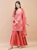 Women Chinon Red Floral Print Kurta Sharara Dupatta.