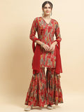 Women Chinon Red Floral Print Kurta Sharara Dupatta.