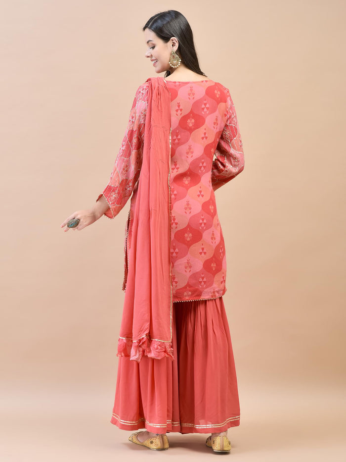 Women Chinon Red Floral Print Kurta Sharara Dupatta.