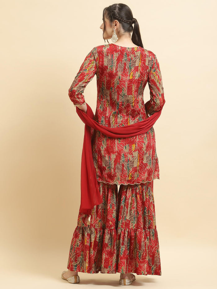 Women Chinon Red Floral Print Kurta Sharara Dupatta.