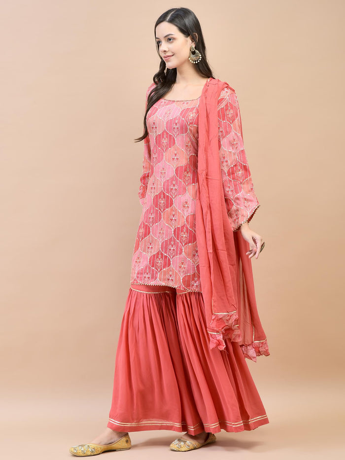 Women Chinon Red Floral Print Kurta Sharara Dupatta.