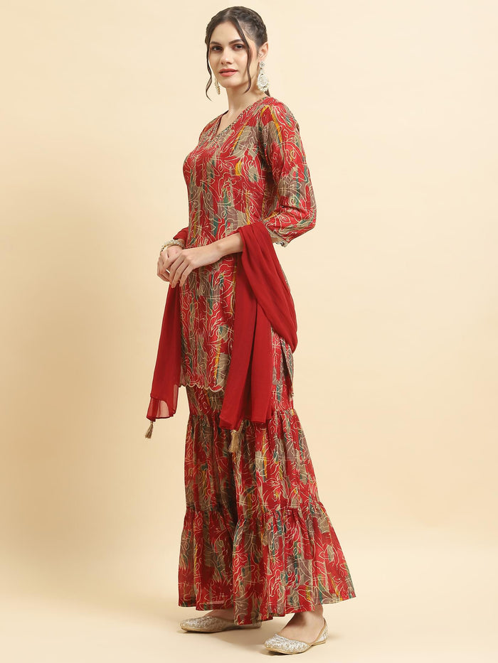 Women Chinon Red Floral Print Kurta Sharara Dupatta.
