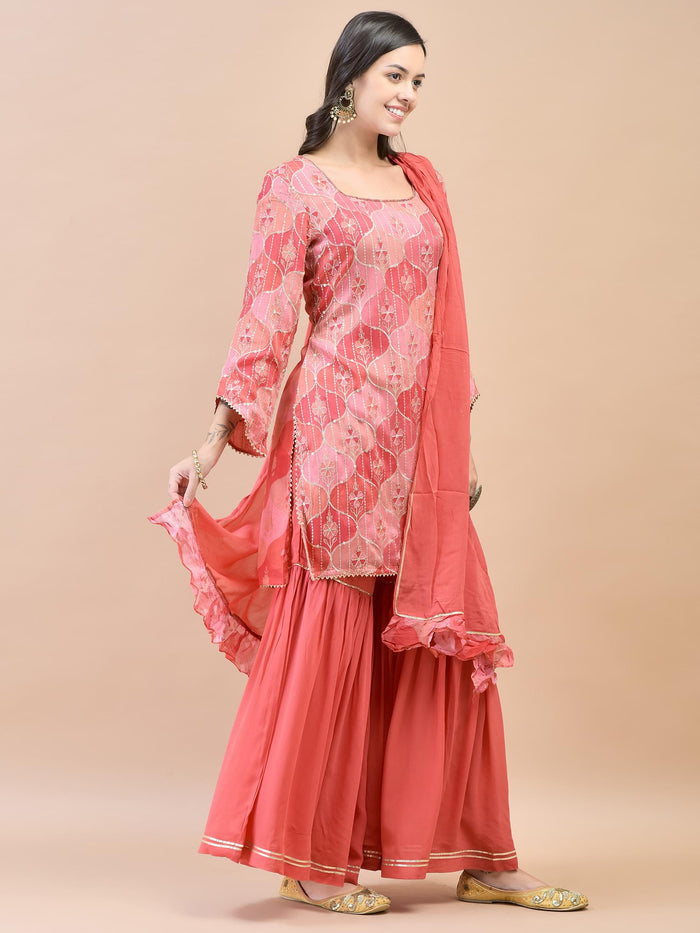 Women Chinon Red Floral Print Kurta Sharara Dupatta.