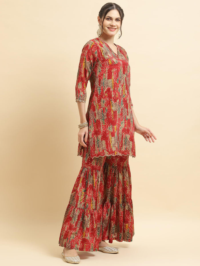 Women Chinon Red Floral Print Kurta Sharara Dupatta.