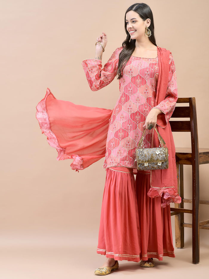 Women Chinon Red Floral Print Kurta Sharara Dupatta.