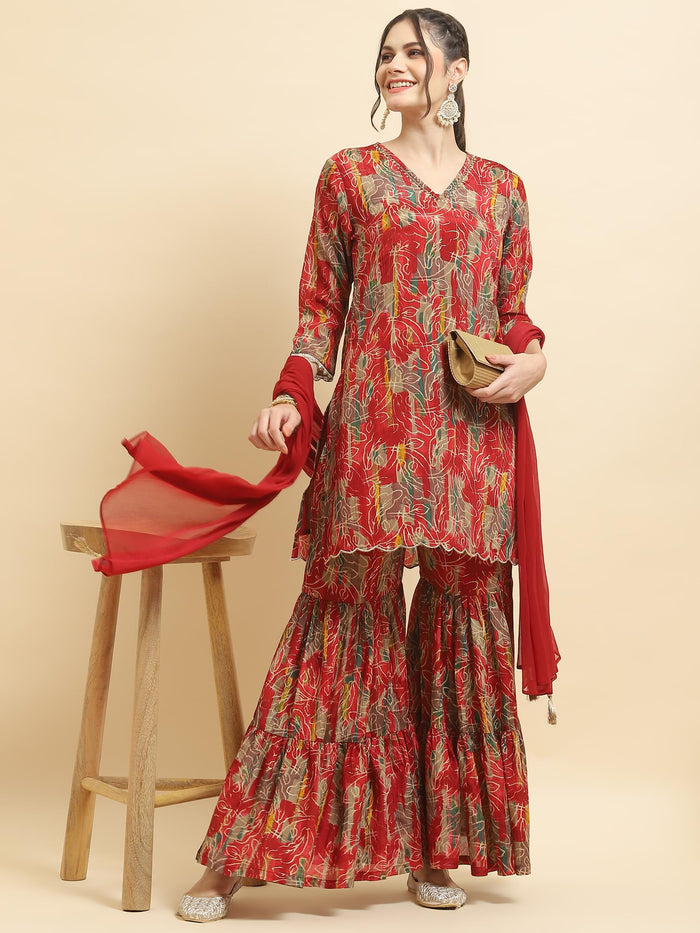 Women Chinon Red Floral Print Kurta Sharara Dupatta.