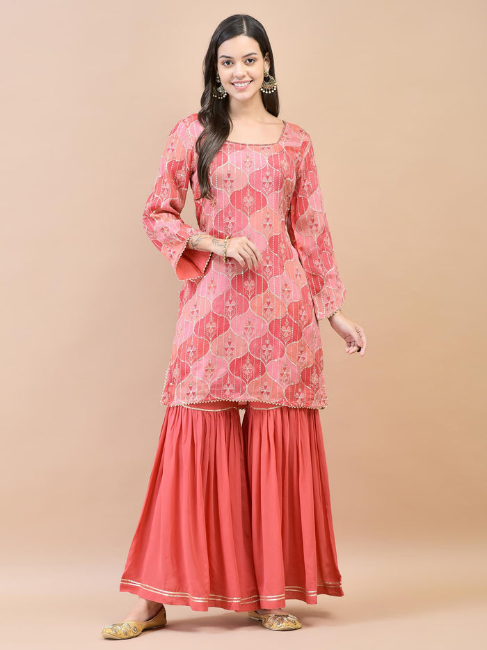 Women Chinon Red Floral Print Kurta Sharara Dupatta.