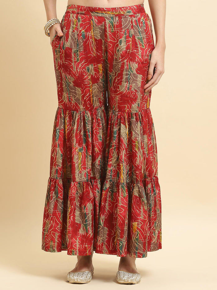 Women Chinon Red Floral Print Kurta Sharara Dupatta.