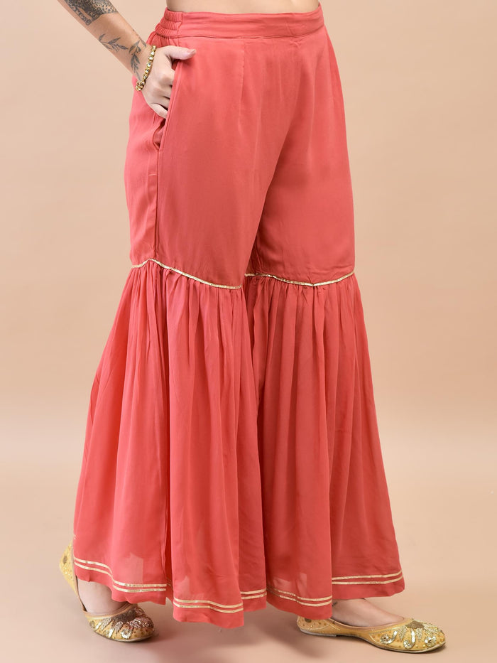 Women Chinon Red Floral Print Kurta Sharara Dupatta.
