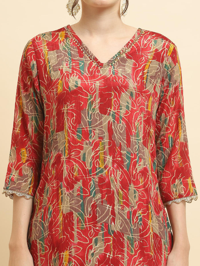 Women Chinon Red Floral Print Kurta Sharara Dupatta.