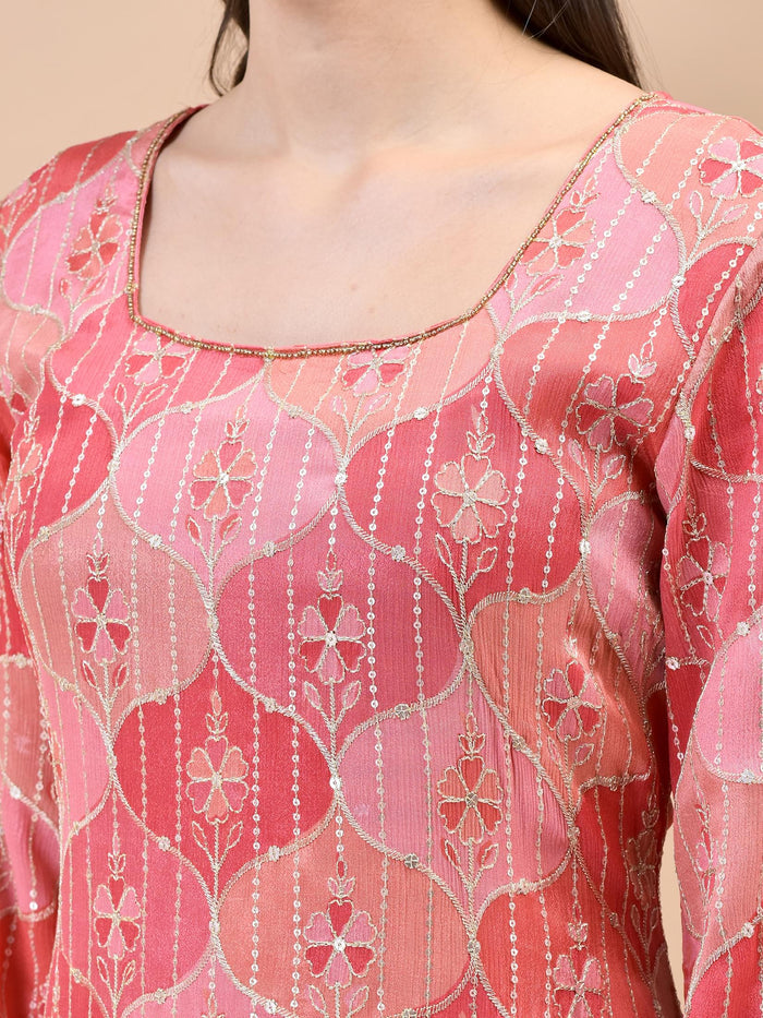 Women Chinon Red Floral Print Kurta Sharara Dupatta.