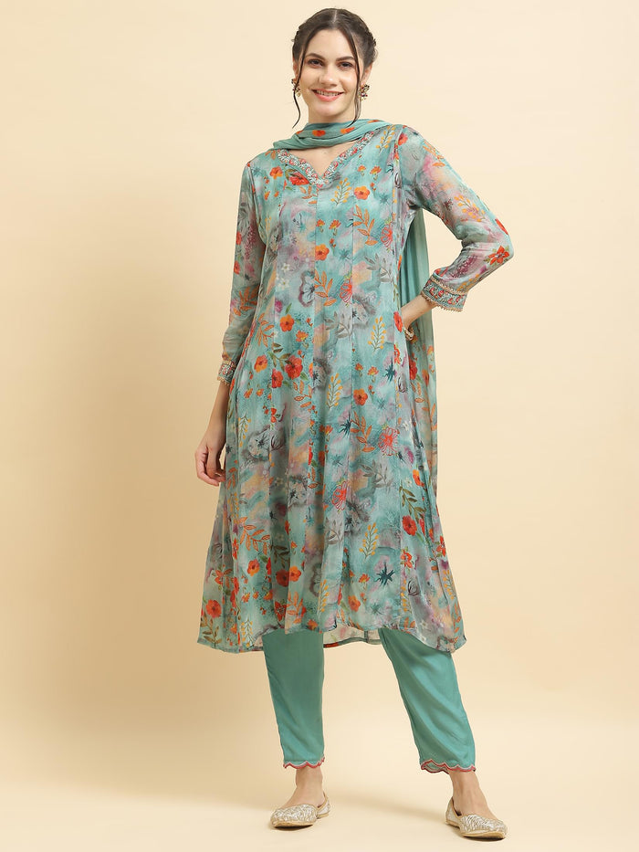 Women Chinon Turquoise Blue Embroidered Kurta Trouser Dupatta.