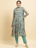 Women Chinon Turquoise Blue Embroidered Kurta Trouser Dupatta.