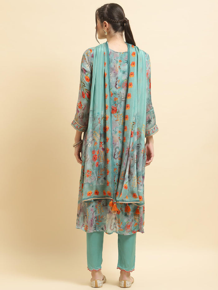 Women Chinon Turquoise Blue Embroidered Kurta Trouser Dupatta.
