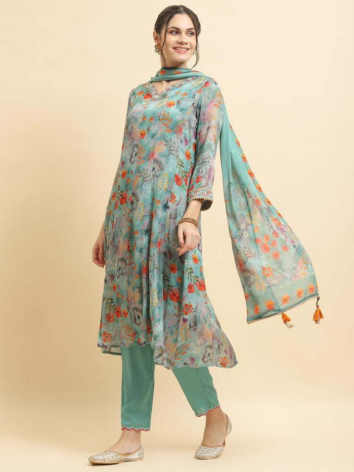 Women Chinon Turquoise Blue Embroidered Kurta Trouser Dupatta.