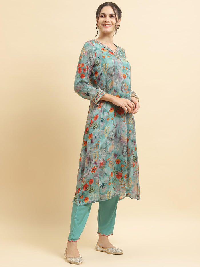 Women Chinon Turquoise Blue Embroidered Kurta Trouser Dupatta.