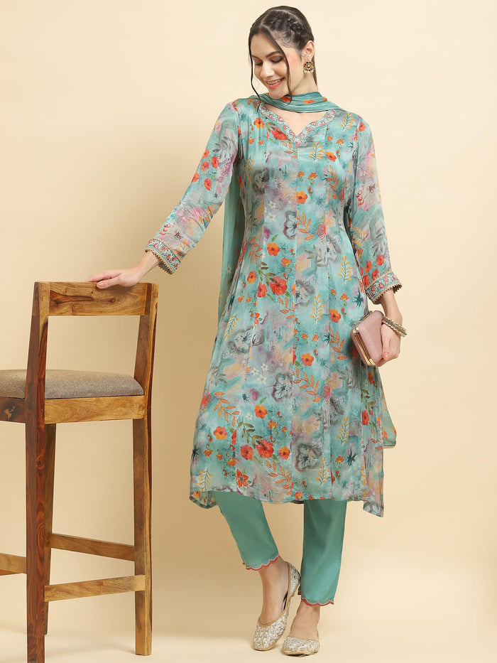 Women Chinon Turquoise Blue Embroidered Kurta Trouser Dupatta.