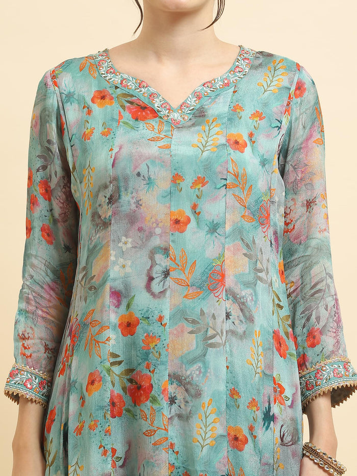 Women Chinon Turquoise Blue Embroidered Kurta Trouser Dupatta.