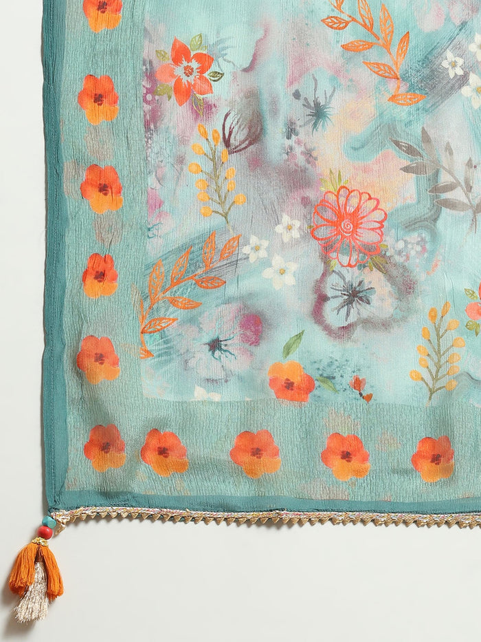 Women Chinon Turquoise Blue Embroidered Kurta Trouser Dupatta.
