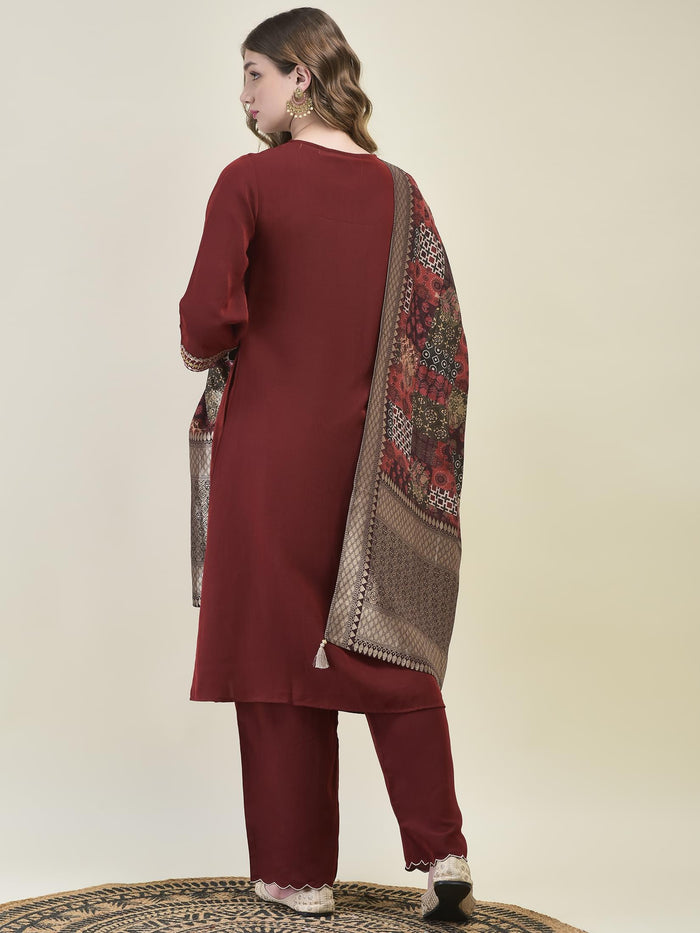 Women Comet Maroon Embroidered Kurta Comfort Pant Dola Jacquard Dupatta.
