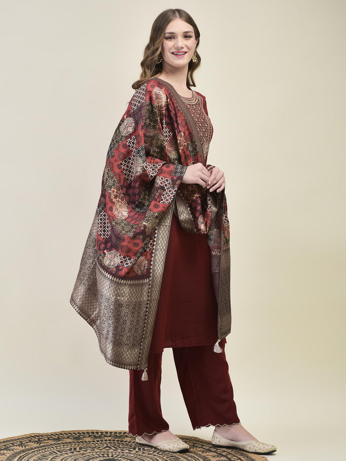 Women Comet Maroon Embroidered Kurta Comfort Pant Dola Jacquard Dupatta.