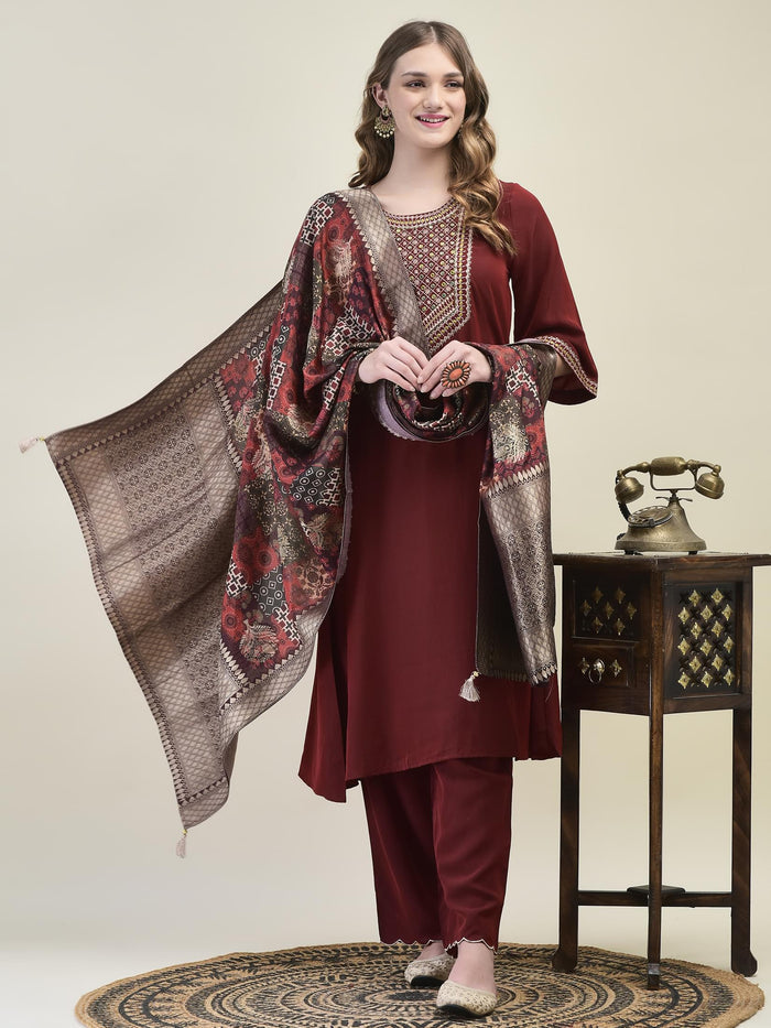 Women Comet Maroon Embroidered Kurta Comfort Pant Dola Jacquard Dupatta.
