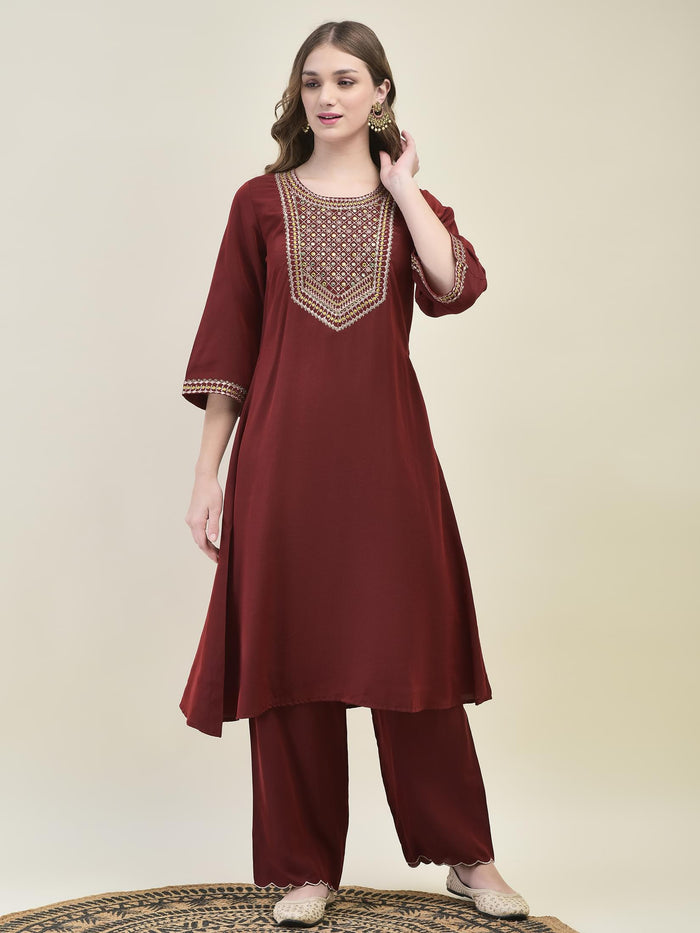 Women Comet Maroon Embroidered Kurta Comfort Pant Dola Jacquard Dupatta.