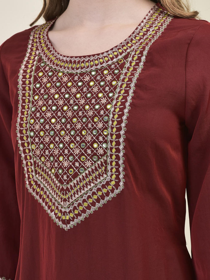 Women Comet Maroon Embroidered Kurta Comfort Pant Dola Jacquard Dupatta.