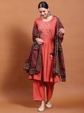 Women Coral Embroidered Kurta Comfort Pant Dupatta.