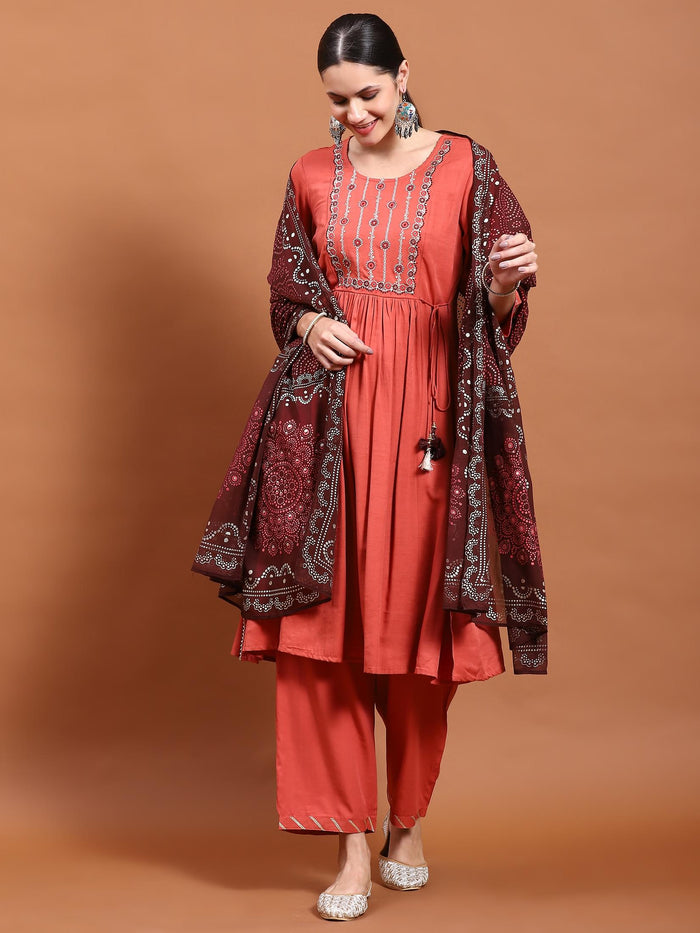 Women Coral Embroidered Kurta Comfort Pant Dupatta.
