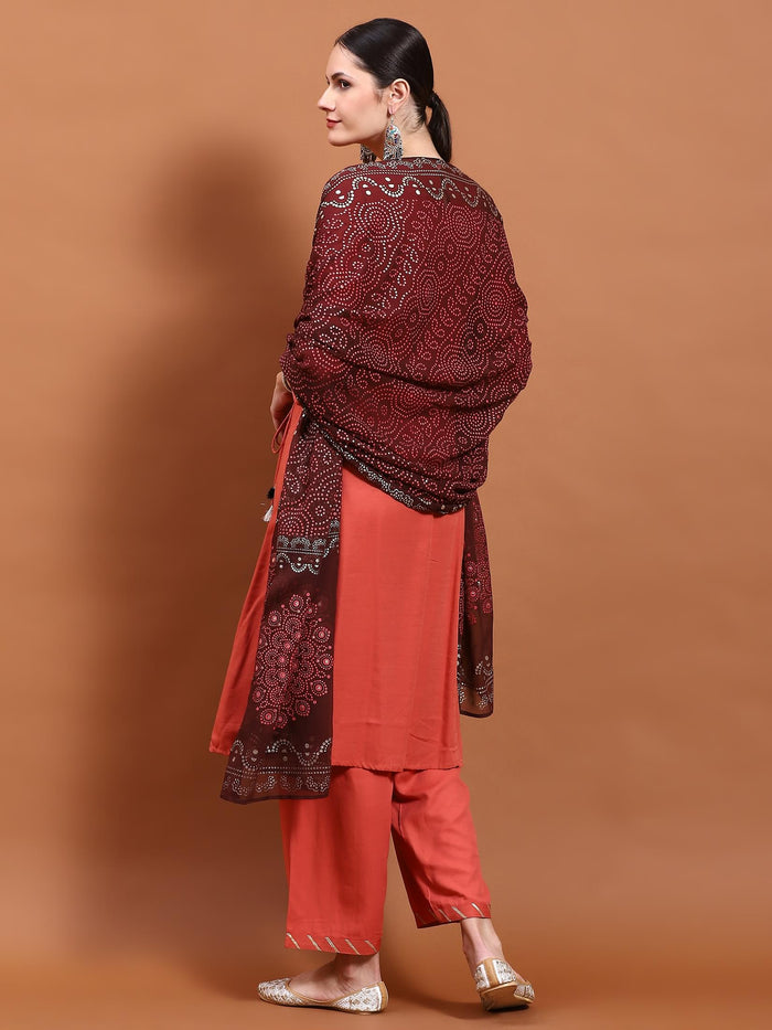 Women Coral Embroidered Kurta Comfort Pant Dupatta.