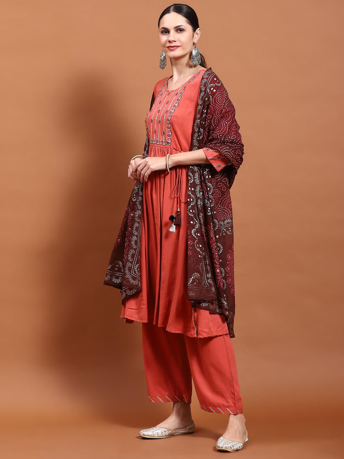 Women Coral Embroidered Kurta Comfort Pant Dupatta.