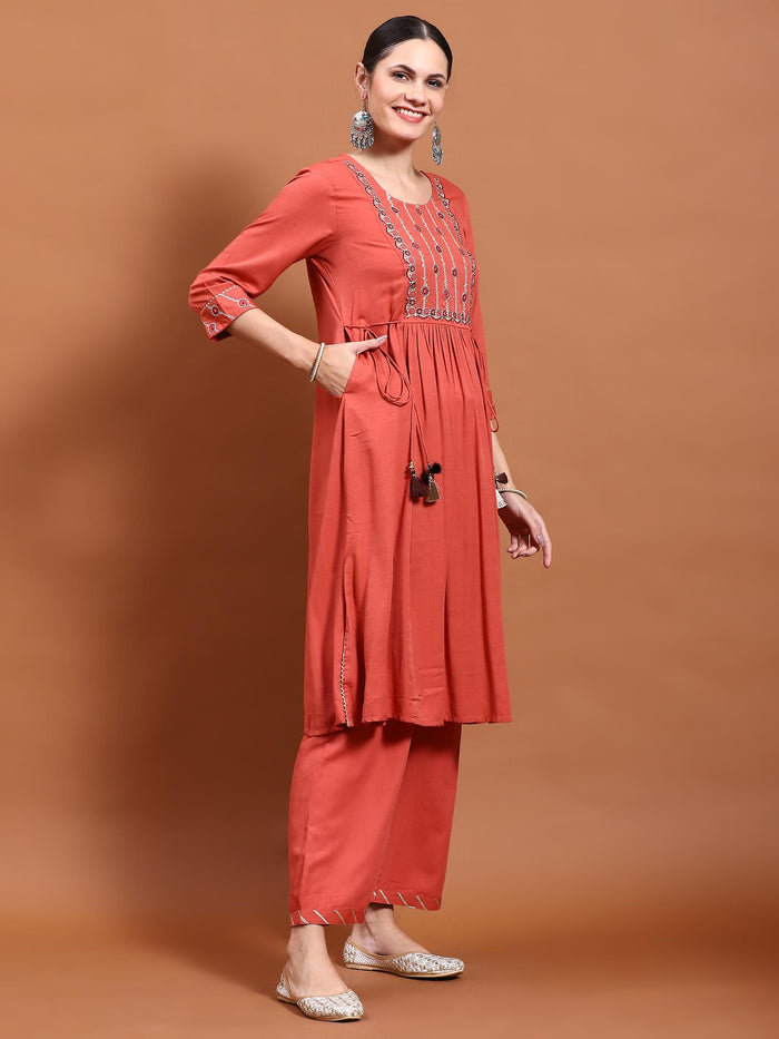 Women Coral Embroidered Kurta Comfort Pant Dupatta.