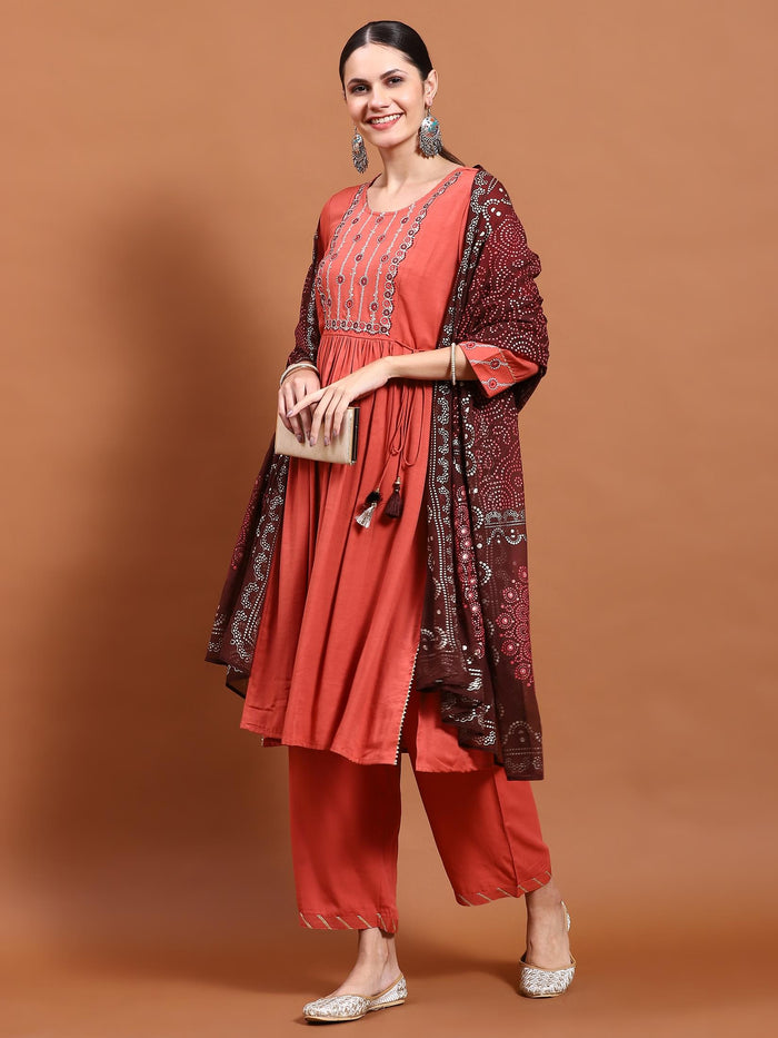 Women Coral Embroidered Kurta Comfort Pant Dupatta.