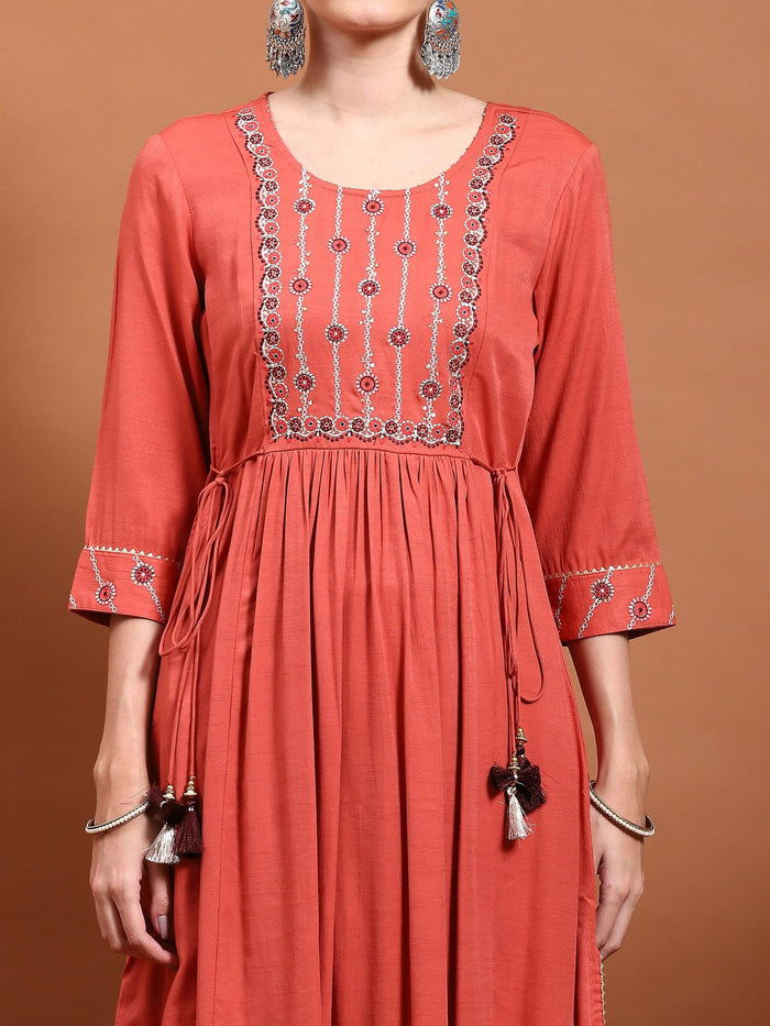 Women Coral Embroidered Kurta Comfort Pant Dupatta.