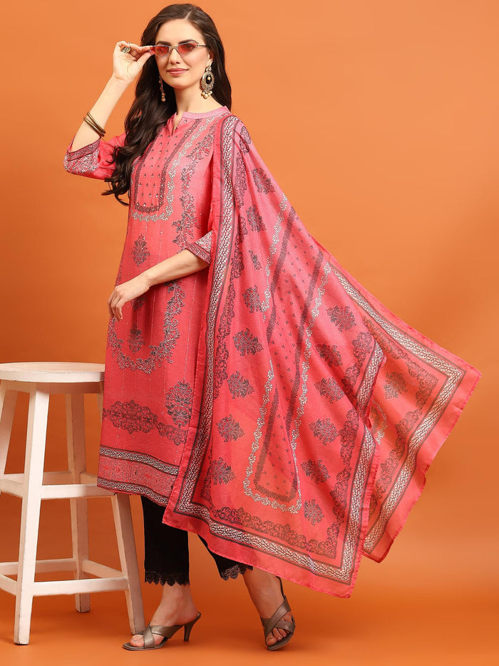 Women Coral Straight Kurta Trouser Dupatta.