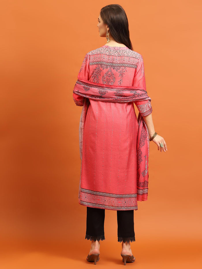 Women Coral Straight Kurta Trouser Dupatta.