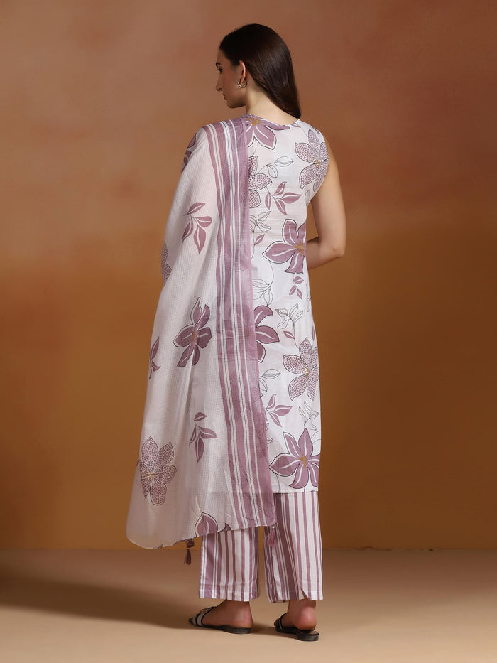 Women Cotton Off-white and Purple Printed Kurta Comfort Pant Dupatta.