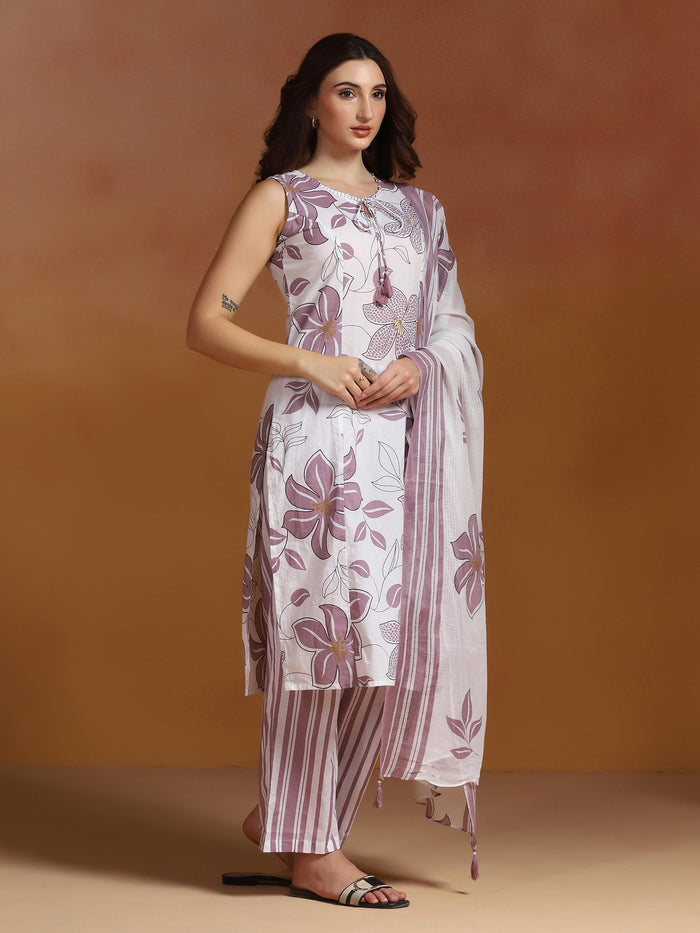 Women Cotton Off-white and Purple Printed Kurta Comfort Pant Dupatta.